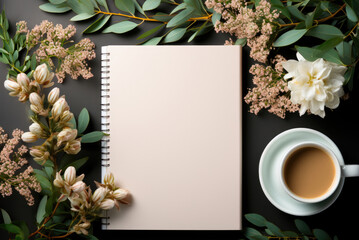 Flat lay with copy space of empty notebook on the table and flowers and a cup of coffee on a dark background