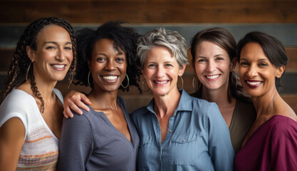 Mature women hug and look at camera on city street. Portrait of happy middle age friends outside. Female friendship