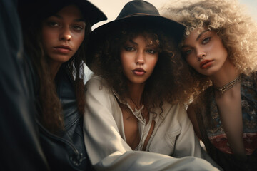 Obraz premium A group of three women sitting next to each other. This versatile image can be used to depict friendship, teamwork, diversity, or a casual gathering.