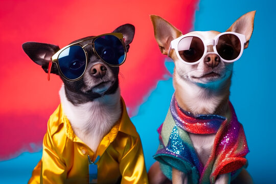 Two dogs are pictured wearing sunglasses on a vibrant blue and red background. This image can be used to depict summer fun, pet accessories, or trendy fashion for dogs.