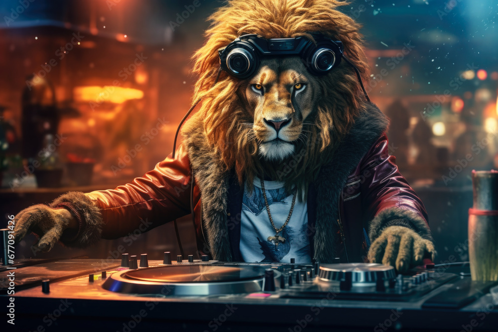 Poster A picture of a man dressed as a lion playing a DJ set. This image can be used to depict a unique and entertaining DJ performance.