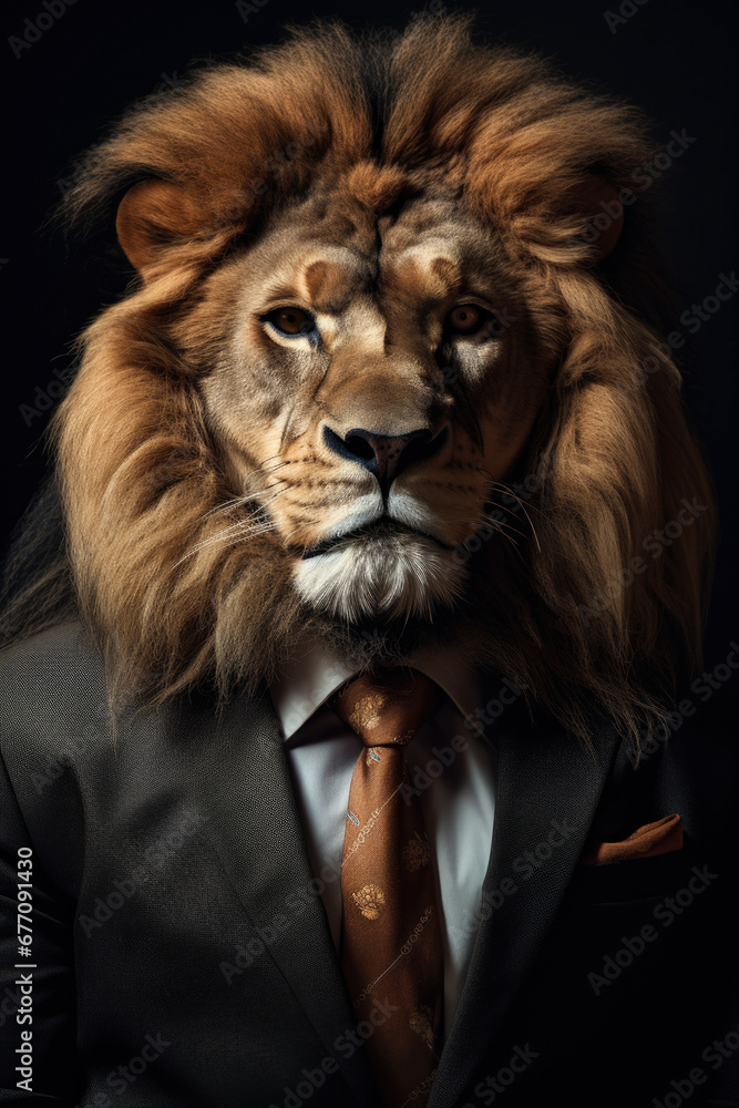 Poster a man dressed in a suit with a lion head on his head. this unique and playful image can be used for 