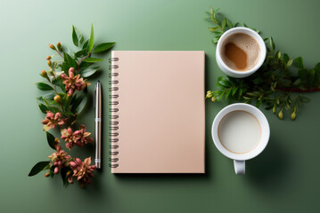 Obraz na płótnie Canvas Flat lay mockup notebook with springs, a pen, a cup of coffee and milk with flowers on a green background
