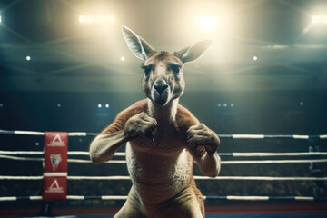 A kangaroo standing confidently in a boxing ring. This image can be used to depict strength, determination, or competition in various contexts. - obrazy, fototapety, plakaty