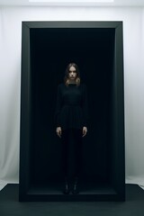 a girl is standing in an empty square box, in the style of gothic black and white, minimalist forms, bold fashion photography, witch, sculpted, cyclorama, western-style portrait. generative AI