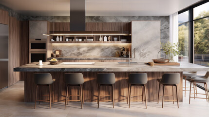 A modern kitchen equipped with high-end appliances and a large island with a granite countertop