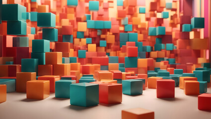 Abstract 3D render of a playful arrangement of vibrant cubes at varying heights, offering a dynamic and minimalist aesthetic.