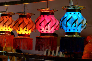 Hanging Diwali Lamp (Kandil) - Diwali Festival Background, Colourful lanterns made by paper eco...