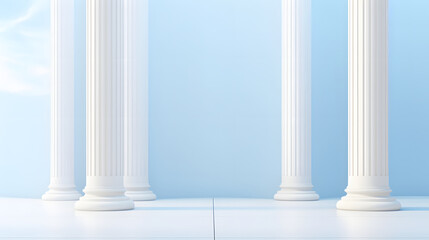 Fototapeta premium Beautiful airy widescreen minimalistic white and light blue architectural background banner with tilted columns.