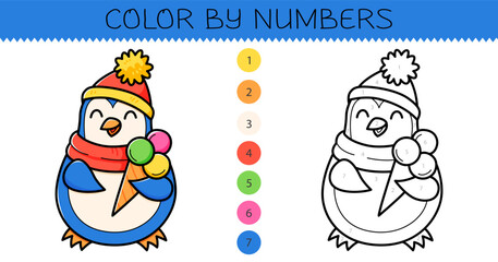Color by numbers coloring book for kids with cute penguin with ice cream. Coloring page with cartoon penguin with an example for coloring. Monochrome and color versions. Vector illustration.