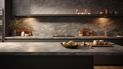 A modern kitchen has an industrial-style range and stone countertop - obrazy, fototapety, plakaty