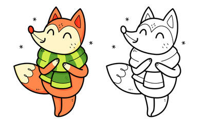 Fox with a scarf coloring book with coloring example for kids. Coloring page with fox with a scarf. Monochrome and color version. Vector children's illustration.