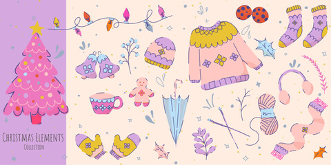 Vector set of hand drawn retro vintage / Boho Christmas clipart and  icons. Trendy happy and cute Winter Holidays elements set. - All elements are isolated.