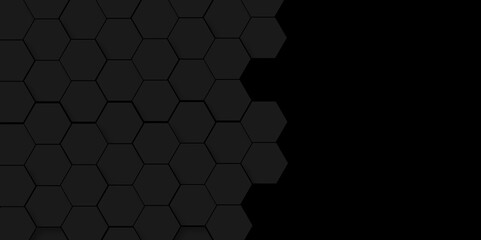 Seamless Background of abstract black 3d hexagon background design a dark honeycomb grid pattern. Abstract octagons dark 3d background. Black geometric background for design.  - obrazy, fototapety, plakaty