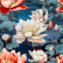 Seamless pattern of vintage lotus on pond.
