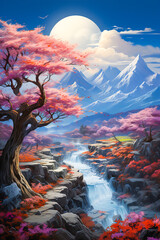 Illustration of fantasy scenery vertical, with snow, sky, trees, flowers and stream.