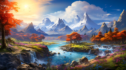 Illustration of fantasy scenery wide-angle, with snow, sky, trees, flowers and a small stream.