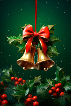 Red and green christmas background with golden bells and  holly berries for poster, cover, invitation, postcard, background, advertisement