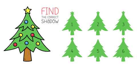 Find the correct shadow game with christmas tree. Educational game for children. Cute cartoon christmas tree. Shadow matching game. Vector illustration.