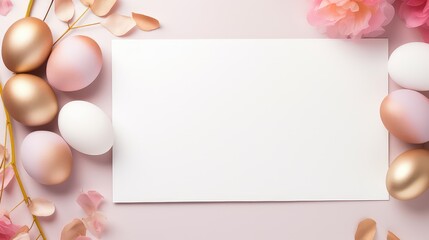 Naklejka na ściany i meble empty white postcard on feminine neutral warm backdrop with pink and golden eggs