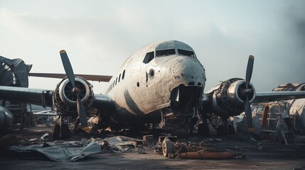 Abandoned airplane graveyard with aircraft awaiting dismantling - obrazy, fototapety, plakaty
