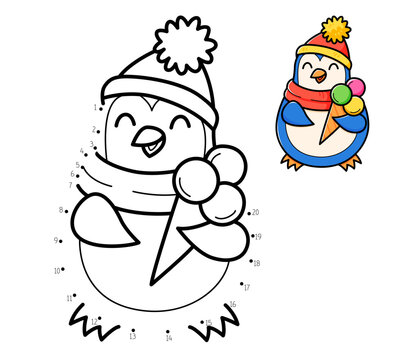 Dot to dot game coloring book with penguin with ice cream for kids. Coloring page with cute cartoon penguin. Connect the dots vector illustration.