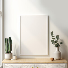 Blank Picture Frame Above Marbke Sideboard wiith plants