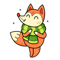 Cute fox with a scarf character in cartoon style. Vector isolated on white illustration.