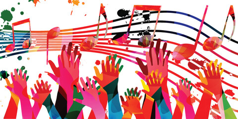 Music background with colorful musical notes staff and hands vector illustration design. Artistic music festival poster, live concert events, party flyer, music notes signs and symbols	 - 677094243