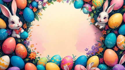 happy easter eggs holiday frame with colorfull eggs and bunny,Generative Ai