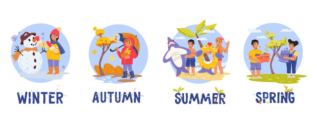 Children explore the wonders and fun of the four seasons, set of vector illustrations isolated on white. Four seasons in the lives of children, seasonal clothing and activity changes.