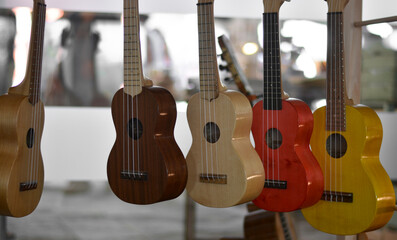 gorgeous new guitars hanging on strings