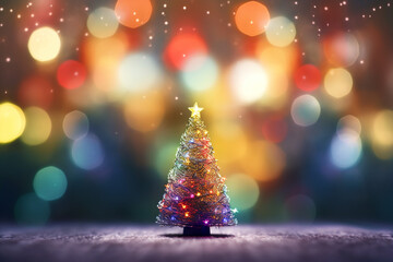 A Charming Miniature Christmas Tree Illuminated by the Soft Glow of Colorful Bokeh Lights, Creating a Festive and Magical Atmosphere in the Blurry Background