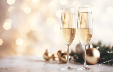champagne flutes on white holiday table decor with bokeh background soft light for new year and christmas holiday celebration card decor