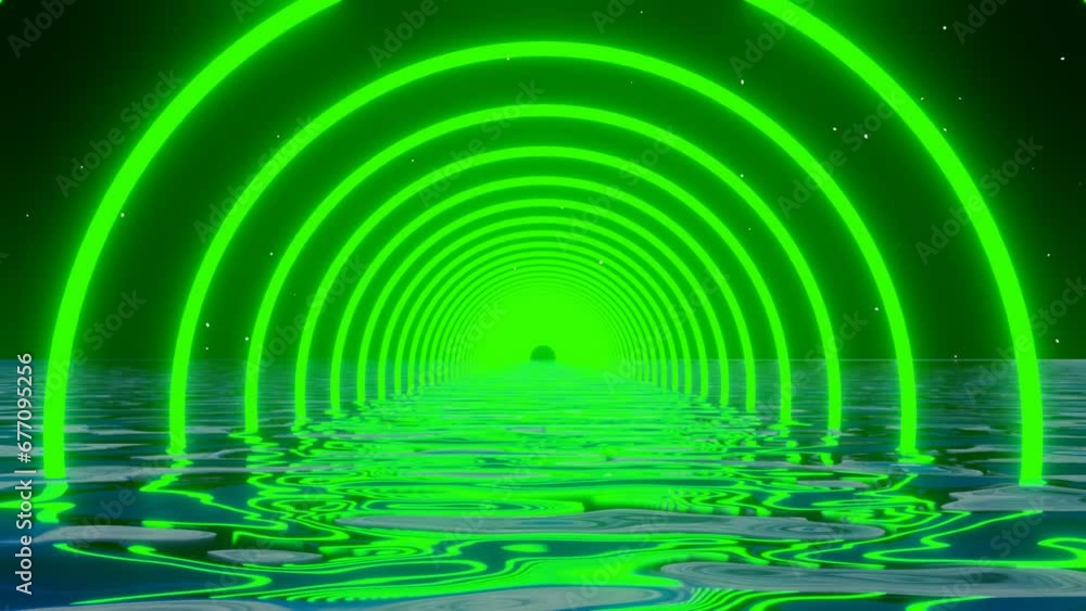 Poster 3d retro 80s 90s y2k abstract rendering green seamless loop motion of tunnel neon light with sea wat