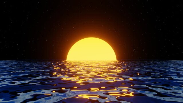3d retro 80s 90s style sun in ocean surface. Yellow neon light in water. Sunfall sunset in black dark sky background. Seamless looped animation 4k 30fps