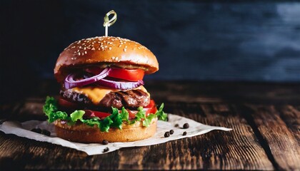 Mouthwatering Masterpiece: Homemade Beef Burger on Dark Wood