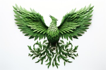 phoenix made of green leaves isolated on white background concept of sustainability - obrazy, fototapety, plakaty