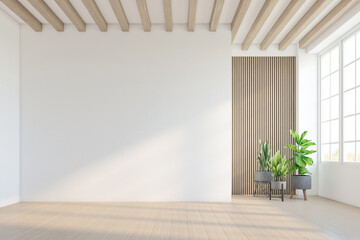 Minimalist style empty room decorated with white wall and wood slat ceiling, indoor green plants and wood floor. 3d rendering