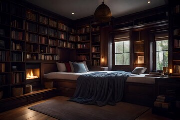 a cozy reading nook in the bedroom with built-in bookshelves and hidden storage - obrazy, fototapety, plakaty