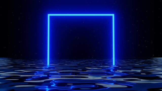 3d retro 80s 90s blue neon glowing square with sea ocean. Metal fluid morph waves. Abstract rectangular frame, laser line in night sky shine stars background. Animation looped 4k 30 fps y2k