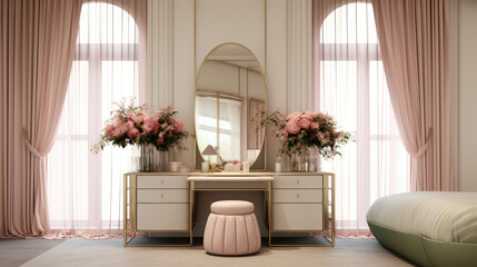 Minimalist Elegance: Nikolina Petolas-Inspired Interior with Mirrored Dressing Tables, Green Pillows, and Large Mirror in Light Pink, Light Bronze, Light Maroon, and Light Beige Tones