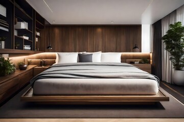 a contemporary bedroom with a platform bed and hidden storage in the bed base