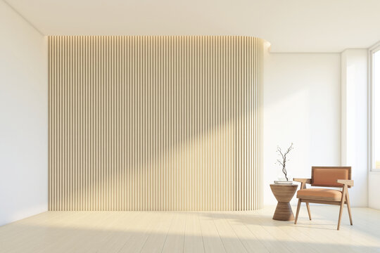 Modern japan style empty room decorated with wood slat wall and armchair. 3d rendering