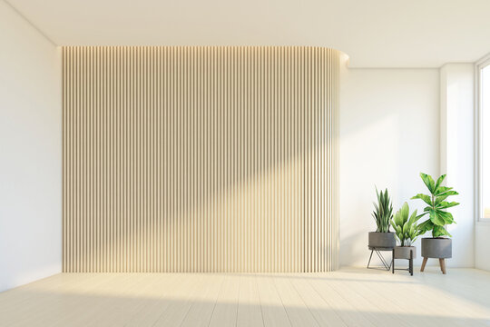Modern japan style empty room decorated with wood wood slat wall and indoor green plants. 3d rendering