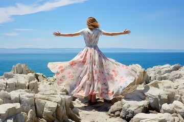 A woman stands on rocky cliffs by the sea, her floral dress flowing in the breeze, embracing freedom and peace - obrazy, fototapety, plakaty