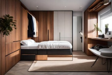 a small bedroom with a wall-mounted wardrobe and hidden storage solutions for optimal organization