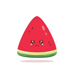 Vector illustration of a watermelon cartoon character crying, set against a white background. Depicting themes of nutrition, sickness, food, and vegetarianism.