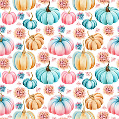 Seamless watercolor pattern. Hand drawn bright pumpkins and hydrangeas isolated on a white background. Autumn, botanical drawing, template. Pink, blue, orange pumpkins.