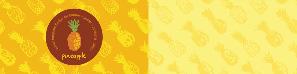 Pineapple seamless pattern with color hand drawn pineapples ornament. Healthy food idea banner template design. Organic ananas label template. Fruit and berries doodles for natural cosmetic design.